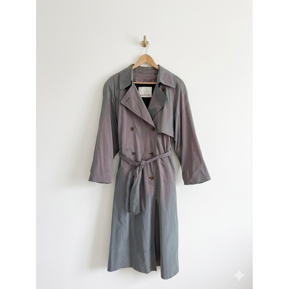 London Fog Womens Iridescent Trench Coat Gray Purple Removable Liner Size 8 Reg